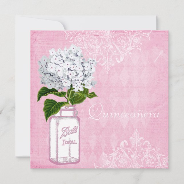 Pink Shabby Chic Jar & Hydrangea Quinceanera Invitation (Front)