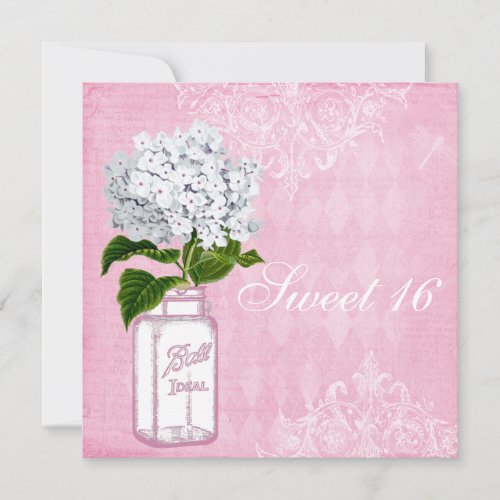 Pink Shabby Chic Jar  Hydrangea Sweet 16 Invitation