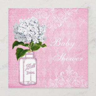 Pink Shabby Chic Mason Jar & Hydrangea Baby Shower Invitation