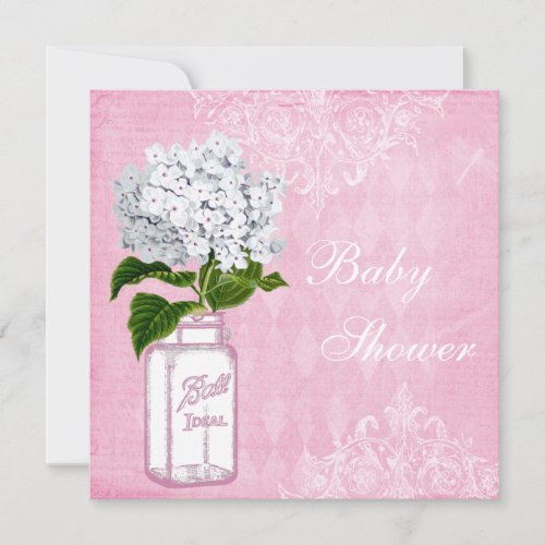 Pink Shabby Chic Mason Jar &amp; Hydrangea Baby Shower Invitation