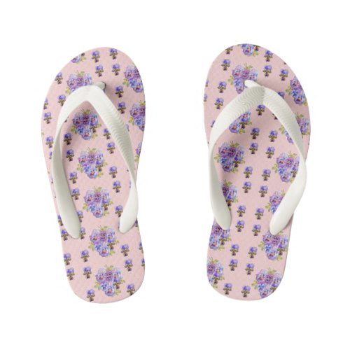 Pink Shabby Chic Pansy floral Flowers Beach Thongs Kids Flip Flops