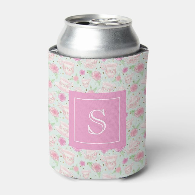 Pink Shabby Chic Tea Party Personalized Can Cooler (Can Front)