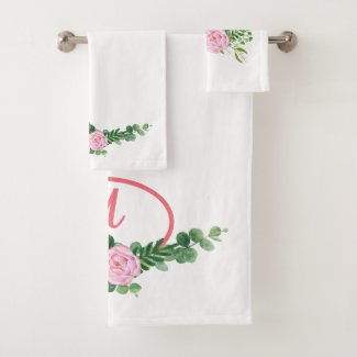 Pink Shaded Rose Peony and Monogram Bath Towel Set