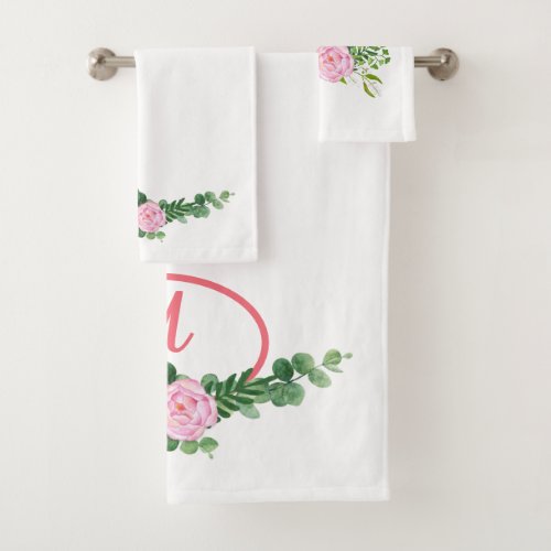 Pink Shaded Rose Peony and Monogram Bath Towel Set