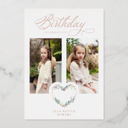 Pink Shades Birthday 2 Photos Floral Heart Foil Invitation