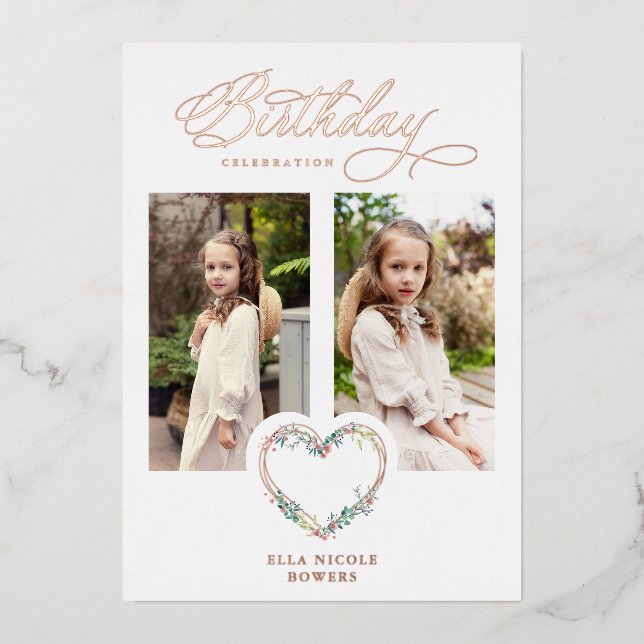 Pink Shades Birthday 2 Photos Floral Heart Foil Invitation (Front)