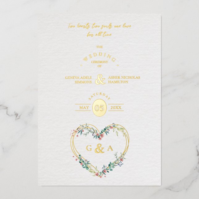 Pink Shades Heart Luxury Romantic Botanical Floral Foil Invitation (Front)