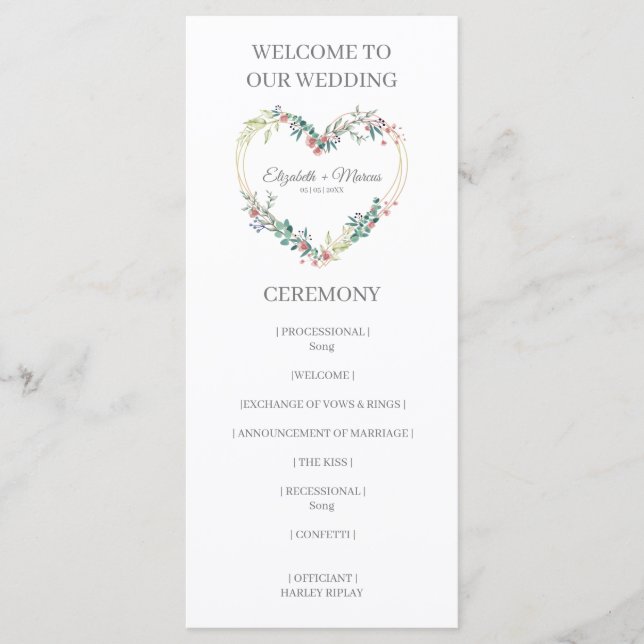 Pink Shades Heart on Wildflowers for Wedding Program (Front)