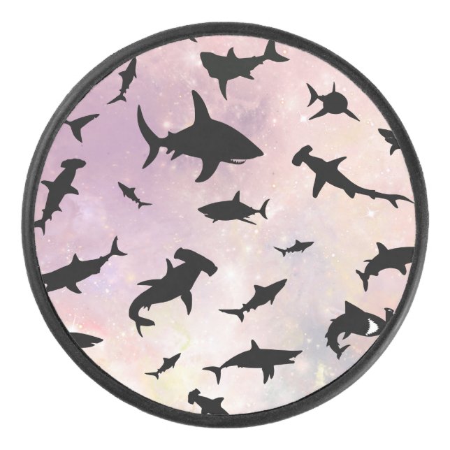 Pink shadow fish shark on gradient galaxy Space Hockey Puck (Front)