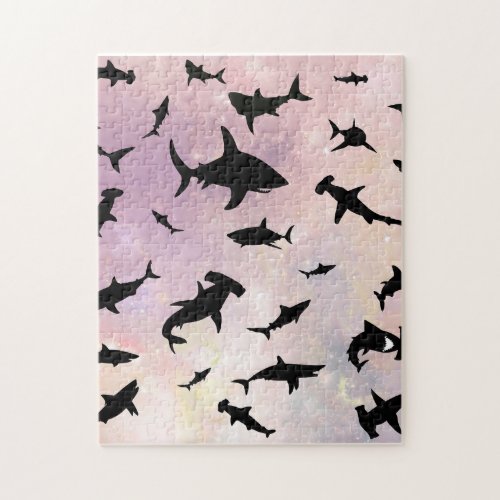 Pink shadow fish shark on gradient galaxy Space Jigsaw Puzzle