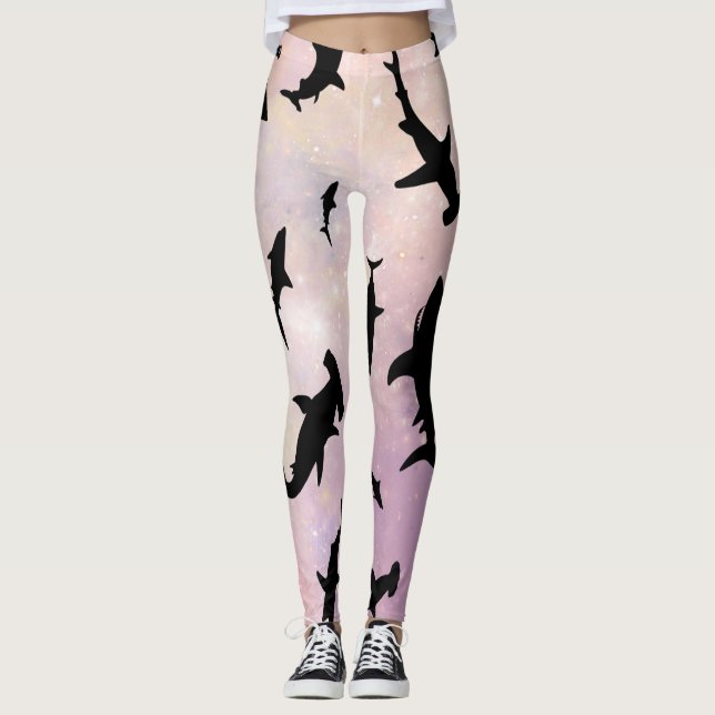Pink shadow fish shark on gradient galaxy Space Leggings (Front)