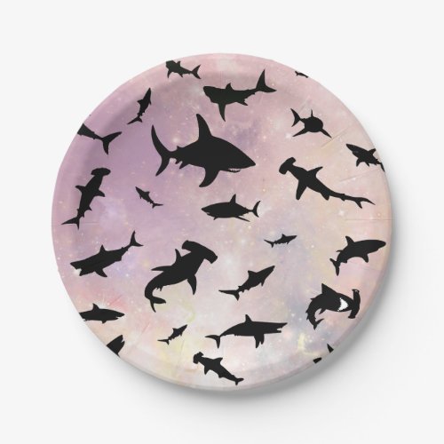 Pink shadow fish shark on gradient galaxy Space Paper Plates