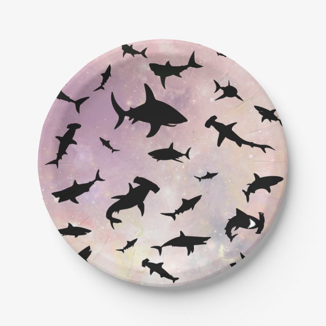 Pink shadow fish shark on gradient galaxy Space Paper Plates (Front)