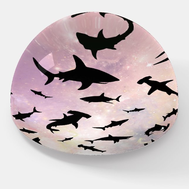 Pink shadow fish shark on gradient galaxy Space Paperweight (Angled)