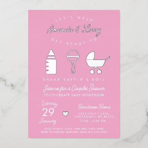 Pink Shake Rattle and Roll Baby Shower Foil Invitation