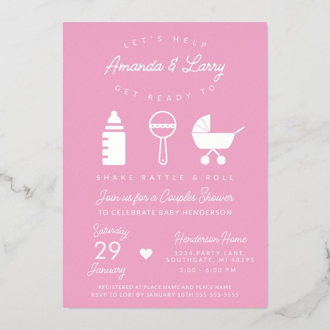 Pink Shake Rattle and Roll Baby Shower Foil Invitation (Front)