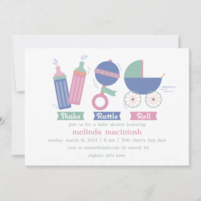 Pink Shake Rattle & Roll Baby Shower Invitation | Zazzle