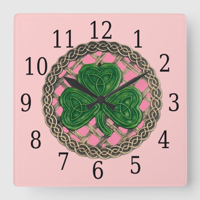 Pink Shamrock And Celtic Knots Square Clock (Front)