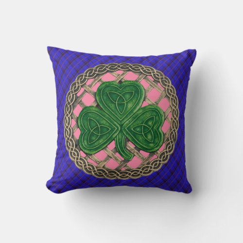 Pink Shamrock Celtic Knots On Blue Plaid Throw Pillow