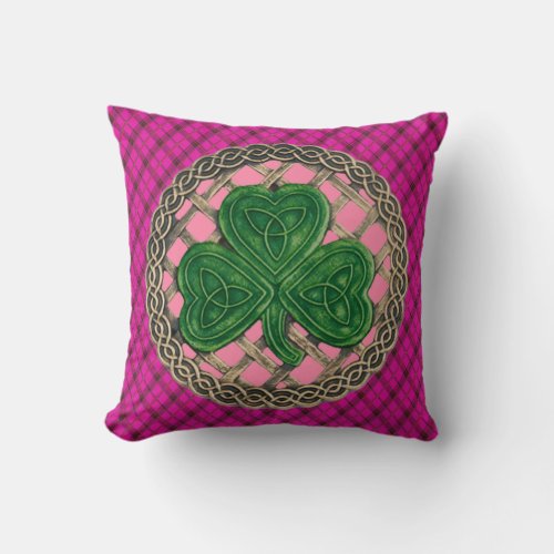 Pink Shamrock Celtic Knots On Pink Plaid Throw Pillow