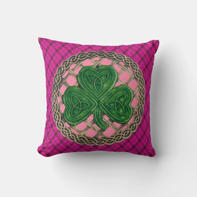 Pink Shamrock Celtic Knots On Pink Plaid Throw Pillow (Front)