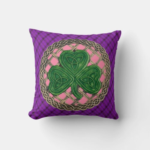 Pink Shamrock Celtic Knots On Purple Plaid Throw Pillow