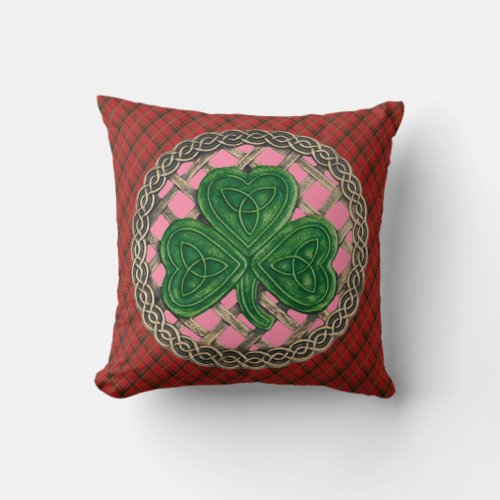 Pink Shamrock Celtic Knots On Red Plaid Throw Pillow