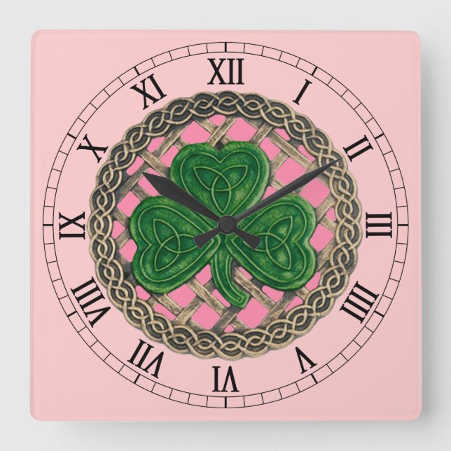 Pink Shamrock & Celtic Knots Roman Numerals Clock (Front)