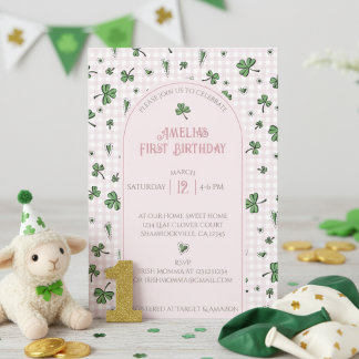 Pink Shamrock First Birthday Photo Invitation