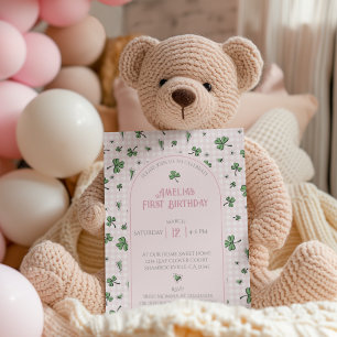Pink Shamrock First Birthday Photo Invitation