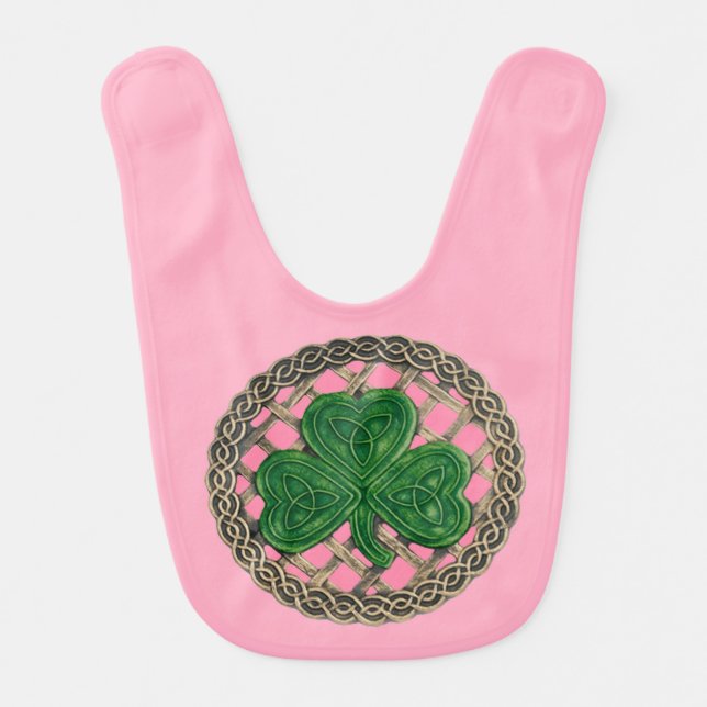 Pink Shamrock On Celtic Knots Baby Bib (Front)