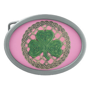 Pink Shamrock On Celtic Knots Belt Buckle