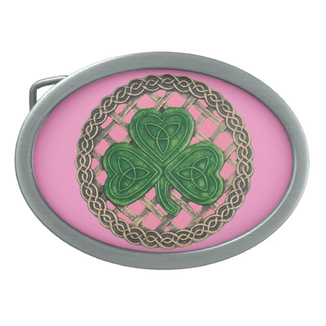 Pink Shamrock On Celtic Knots Belt Buckle (Front)