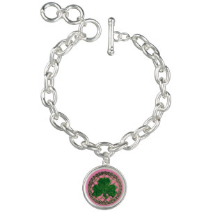 Pink Shamrock On Celtic Knots Charm Bracelet