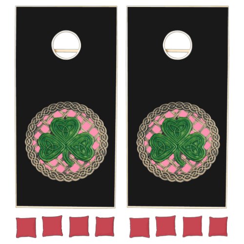 Pink Shamrock On Celtic Knots Cornhole Set