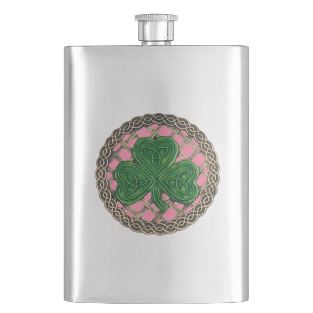 Pink Shamrock On Celtic Knots Flask (Front)