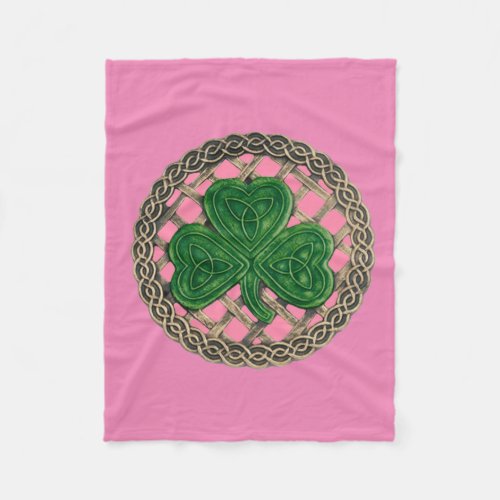 Pink Shamrock On Celtic Knots Fleece Blanket