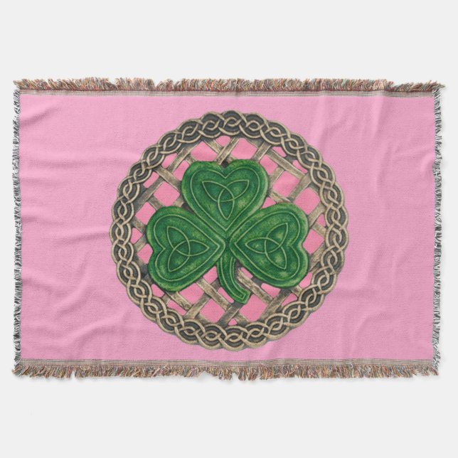 Pink Shamrock On Celtic Knots Throw Blanket (Front)