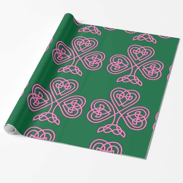 Pink Shamrock on Green Background Wrapping Paper (Unrolled)