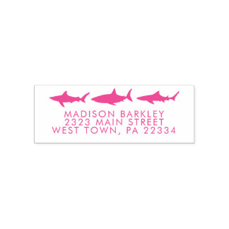 Pink Sharks Cute Kid's Return Address Stamp