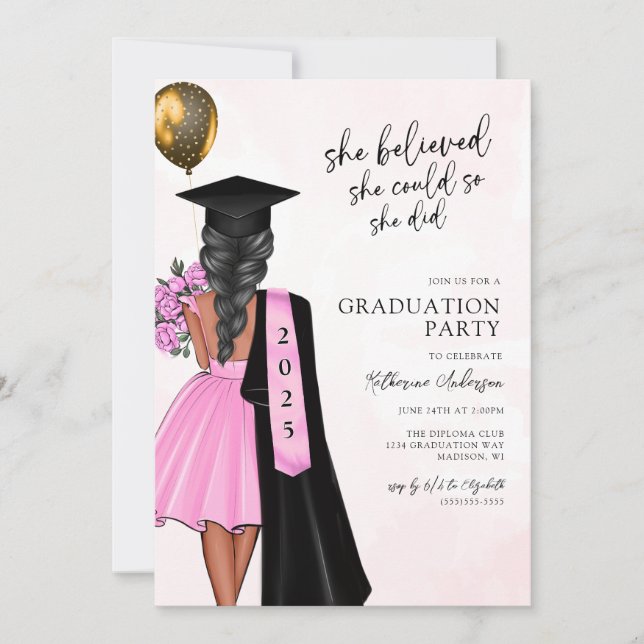 Pink She Believed Graduation Party Invitation (Front)