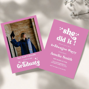 Pink She Did It Graduation Party Invite, Photo Invitation