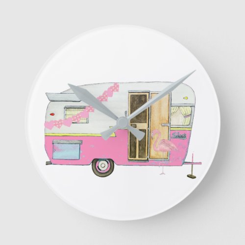 Pink She Shed Vintage Camper Trailer Round Clock