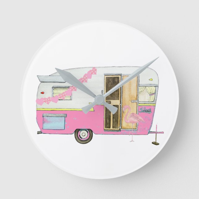 Pink She Shed Vintage Camper Trailer Round Clock (Front)