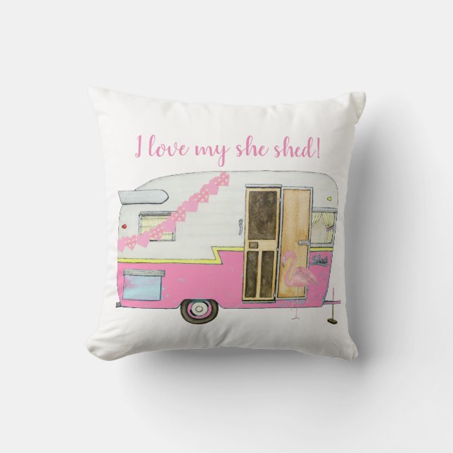 Pink She Shed Vintage Trailer Throw Pillow (Front)