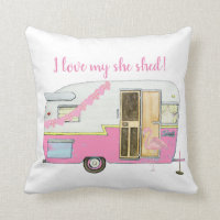 Pink She Shed Vintage Trailer Throw Pillow