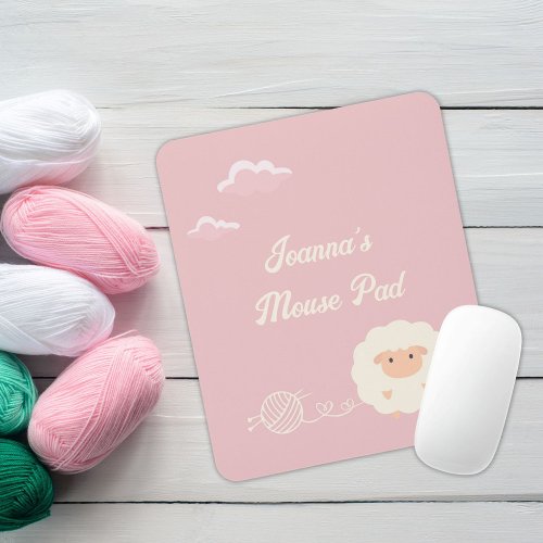 Pink sheep yarn knitting needles mouse pad