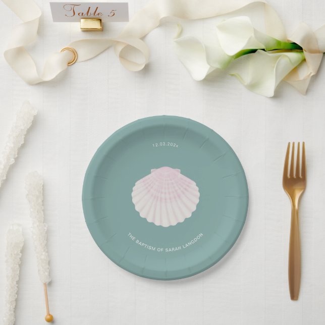 Pink shell green baptism christening Paper Plate (Wedding)