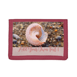 Pink Shell on Beach Nature Photo with Custom Text Trifold Wallet