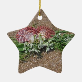 Pink Shells And White Flowers On Beach Sand Ceramic Ornament by Say_i_love_you at Zazzle